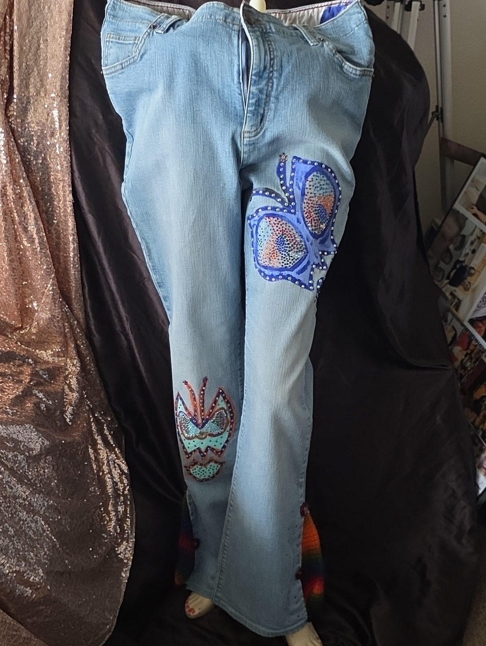 Lands' End Light Blue Jeans with Beaded Butterfly and Accent Patches